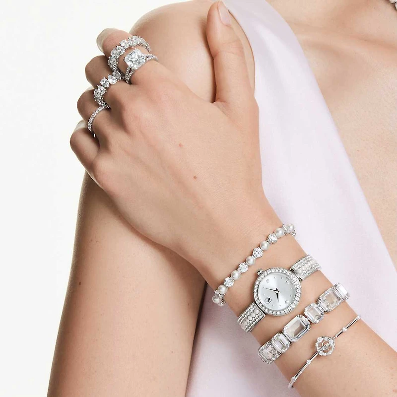 Constella bangle, Round cut, Dancing stone, White, Rhodium plated by SWAROVSKI