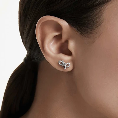 Lifelong stud earrings, Pavé, Bow, White, Rhodium plated by SWAROVSKI