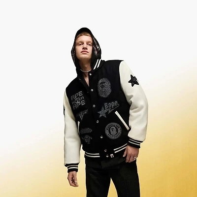A BATHING APE® Shark Hooded Varsity Jacket, Black and white by SWAROVSKI