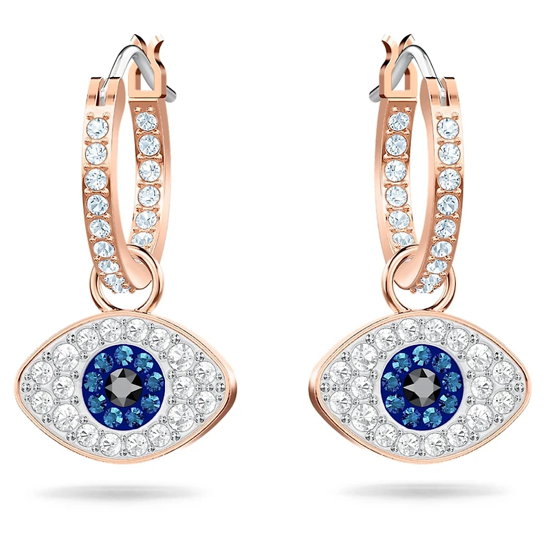 Symbolica hoop earrings, Evil eye, Blue, Rose gold-tone plated by SWAROVSKI