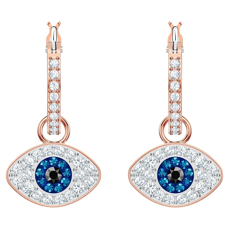 Symbolica hoop earrings, Evil eye, Blue, Rose gold-tone plated by SWAROVSKI