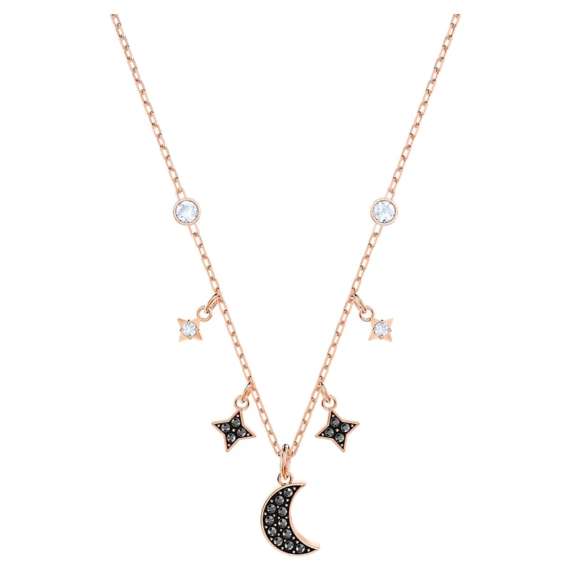 Symbolica necklace, Moon and star, Black, Rose gold-tone plated by SWAROVSKI