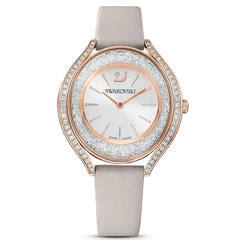 Crystalline aura watch, Swiss Made, Leather strap, Grey, Rose gold-tone finish by SWAROVSKI