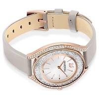 Crystalline aura watch, Swiss Made, Leather strap, Grey, Rose gold-tone finish by SWAROVSKI