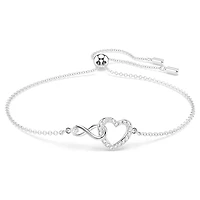 Hyperbola bracelet, Infinity and heart, White, Rhodium plated by SWAROVSKI