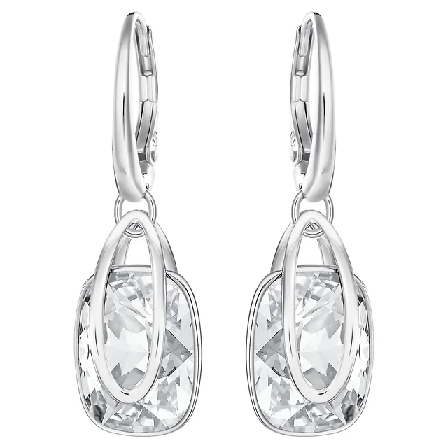 Swarovski Holding drop earrings, White, Rhodium plated by