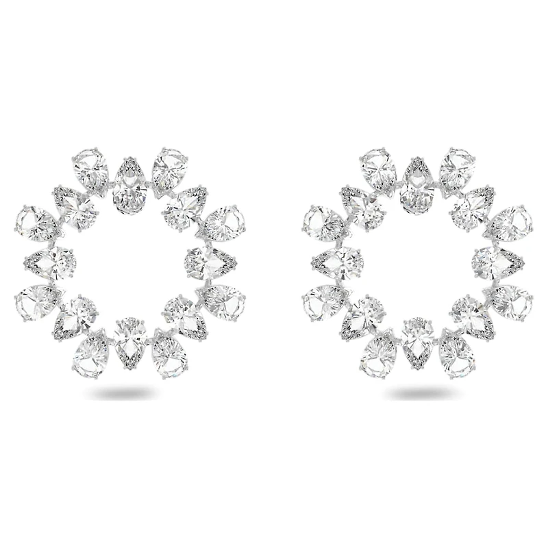 Matrix hoop earrings, Pear cut, White, Rhodium plated by SWAROVSKI
