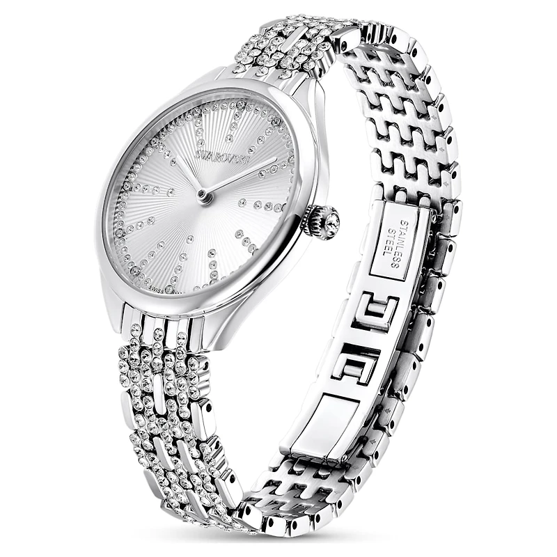Attract watch, Swiss Made, Pavé, Metal bracelet, Silver tone, Stainless steel by SWAROVSKI
