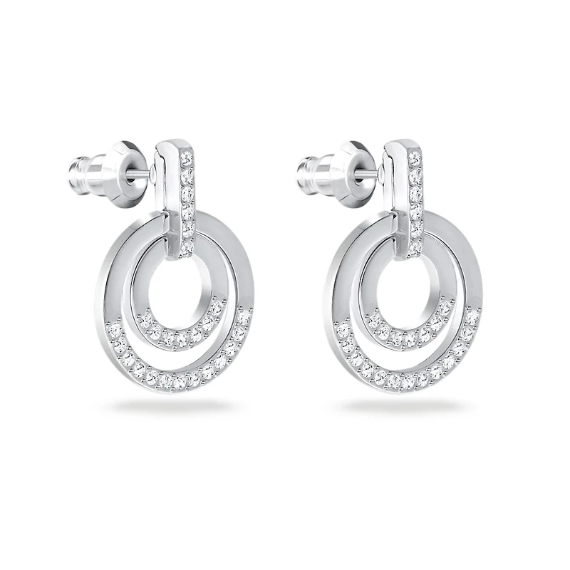 Circle hoop earrings, Round shape, White, Rhodium plated by SWAROVSKI