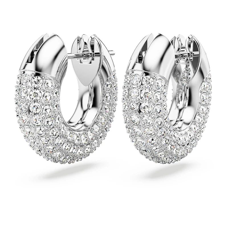 Dextera hoop earrings, Small, White, Rhodium plated by SWAROVSKI