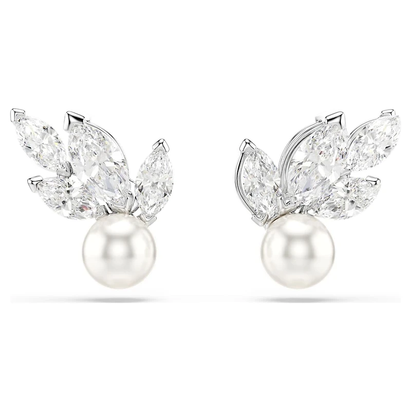 Louison Pearl stud earrings, Leaf, White, Rhodium plated by SWAROVSKI