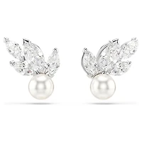 Louison Pearl stud earrings, Leaf, White, Rhodium plated by SWAROVSKI