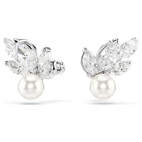 Louison Pearl stud earrings, Leaf, White, Rhodium plated by SWAROVSKI