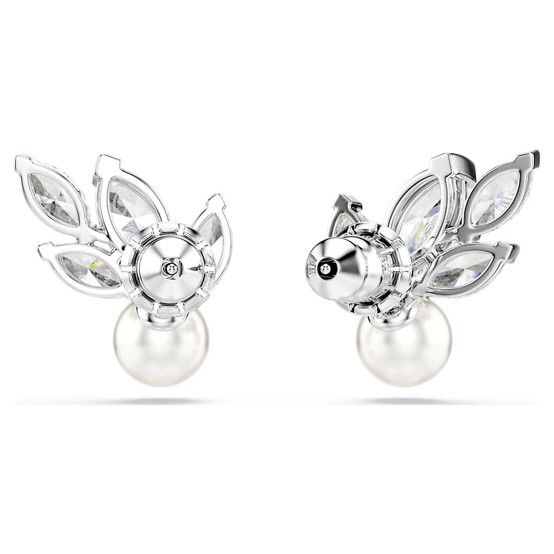 Louison Pearl stud earrings, Leaf, White, Rhodium plated by SWAROVSKI