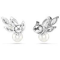Louison Pearl stud earrings, Leaf, White, Rhodium plated by SWAROVSKI