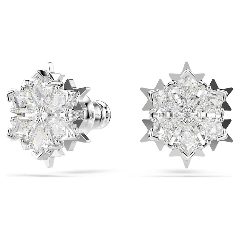Magic stud earrings, Snowflake, White, Rhodium plated by SWAROVSKI