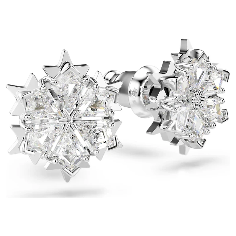 Magic stud earrings, Snowflake, White, Rhodium plated by SWAROVSKI