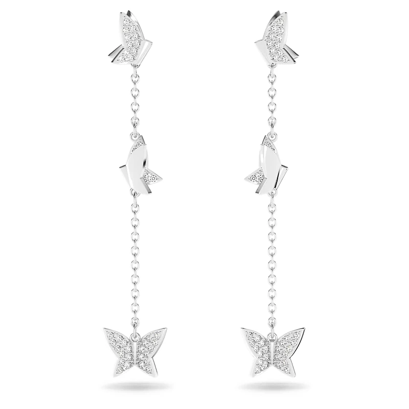 Idyllia Lilia drop earrings, Butterfly, Long, White, Rhodium plated by SWAROVSKI