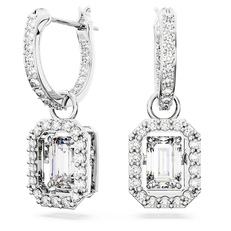 Una drop earrings, Octagon cut, White, Rhodium plated by SWAROVSKI