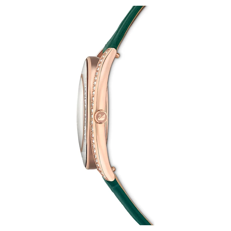 Crystalline aura watch, Swiss Made, Leather strap, Green, Rose gold-tone finish by SWAROVSKI