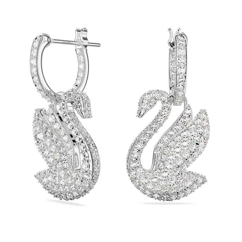 Swarovski Iconic Swan drop earrings, Swan, White, Rhodium plated by SWAROVSKI