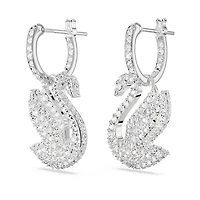 Swarovski Iconic Swan drop earrings, Swan, White, Rhodium plated by SWAROVSKI