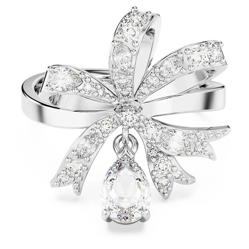 Volta cocktail ring, Bow, White, Rhodium plated by SWAROVSKI