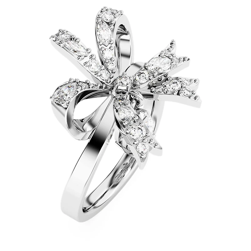 Volta cocktail ring, Bow, Small, White, Rhodium plated by SWAROVSKI