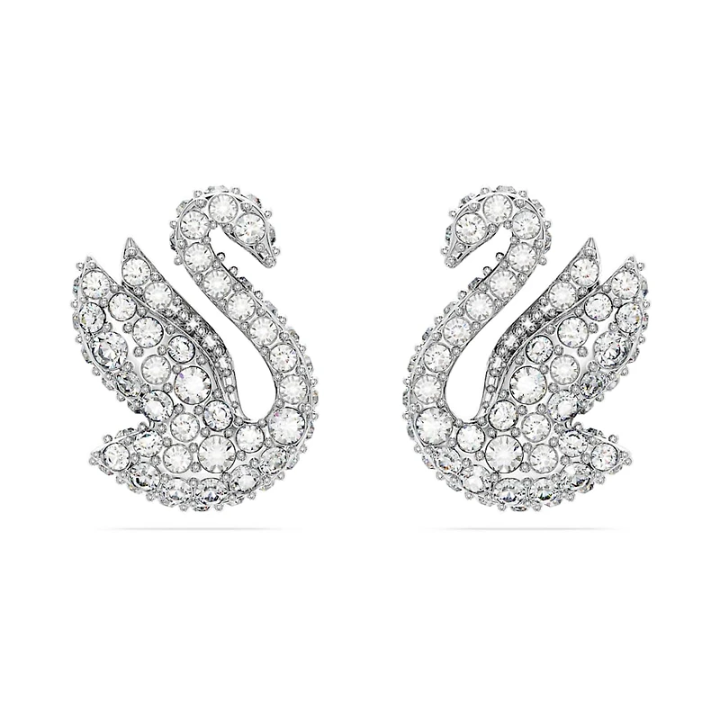 Swan stud earrings, Swan, White, Rhodium plated by SWAROVSKI