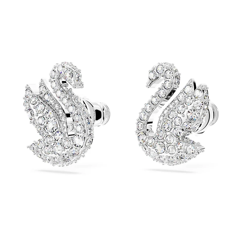 Swan stud earrings, Swan, White, Rhodium plated by SWAROVSKI
