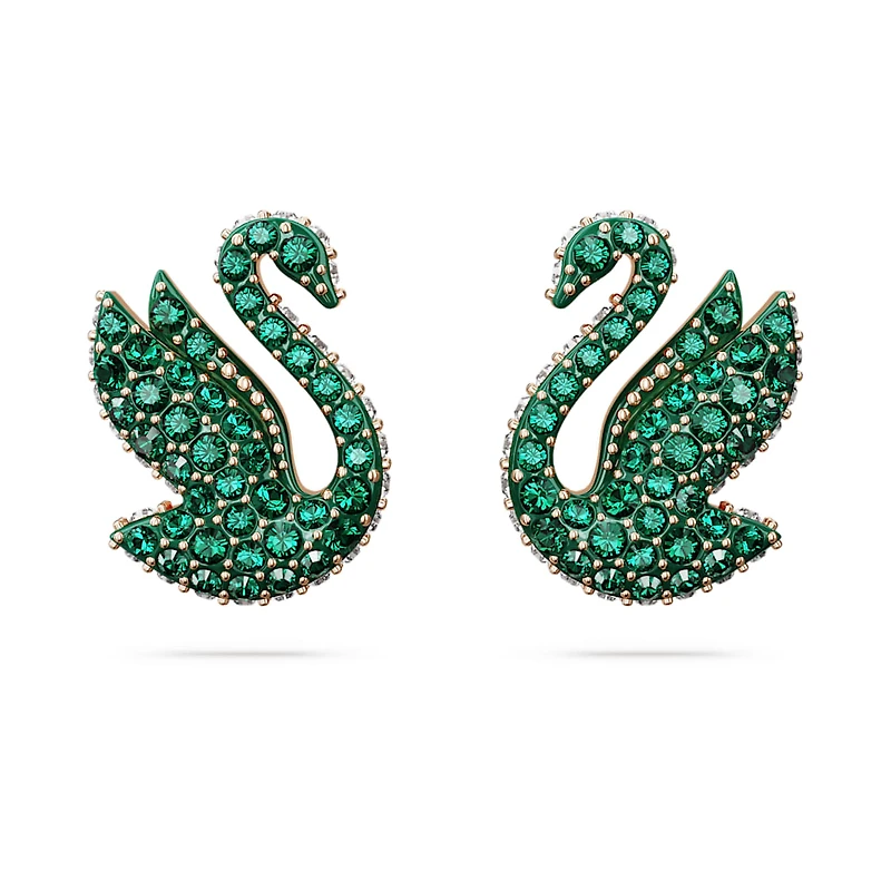 Swan stud earrings, Swan, Green, Rose gold-tone plated by SWAROVSKI