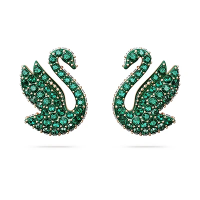 Swan stud earrings, Swan, Green, Rose gold-tone plated by SWAROVSKI