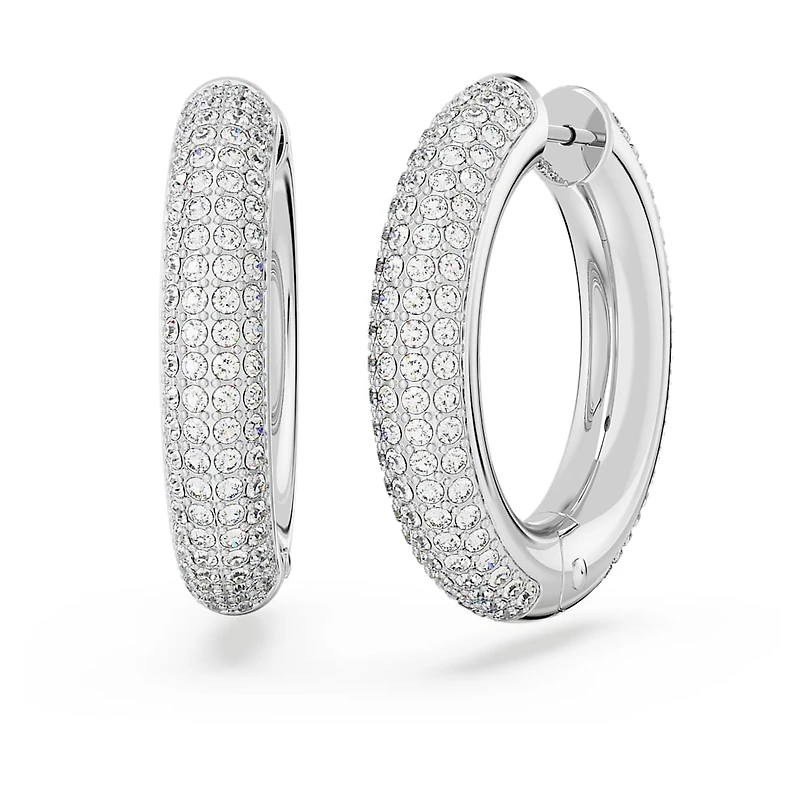 Dextera hoop earrings, Medium, White, Rhodium plated by SWAROVSKI