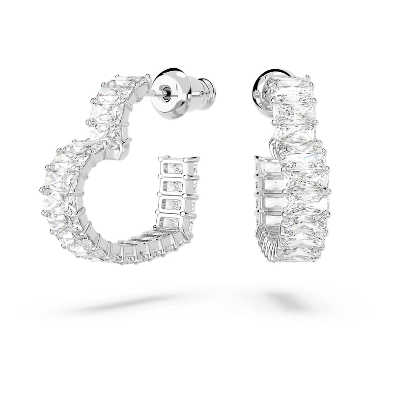 Matrix hoop earrings, Baguette cut, Heart, Small, White, Rhodium plated by SWAROVSKI