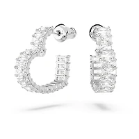 Matrix hoop earrings, Baguette cut, Heart, Small, White, Rhodium plated by SWAROVSKI
