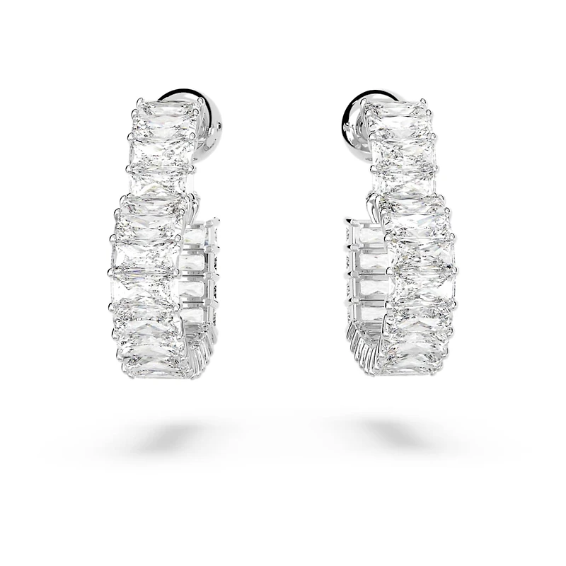 Matrix hoop earrings, Baguette cut, Heart, Small, White, Rhodium plated by SWAROVSKI