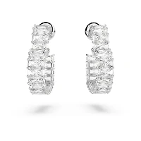 Matrix hoop earrings, Baguette cut, Heart, Small, White, Rhodium plated by SWAROVSKI