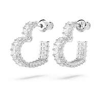 Matrix hoop earrings, Baguette cut, Heart, Small, White, Rhodium plated by SWAROVSKI