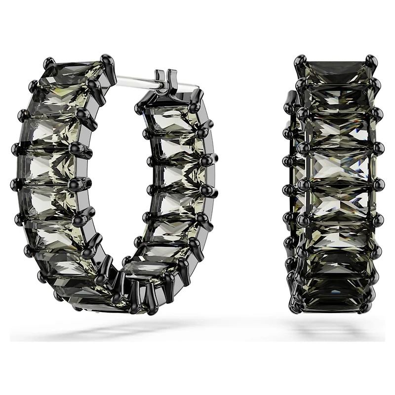 Matrix hoop earrings, Baguette cut, Gray, Ruthenium plated by SWAROVSKI