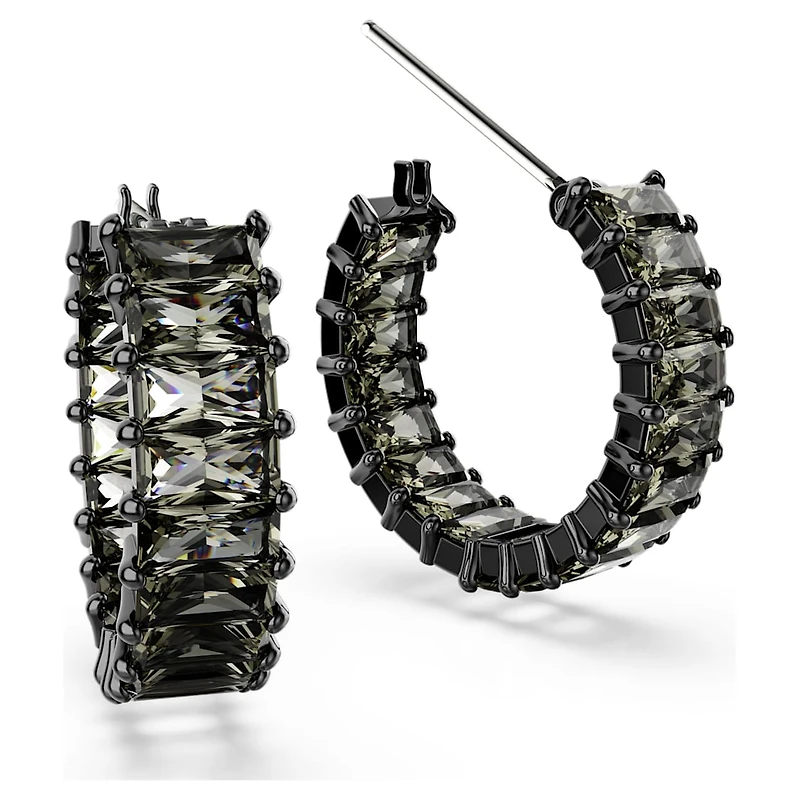 Matrix hoop earrings, Baguette cut, Gray, Ruthenium plated by SWAROVSKI