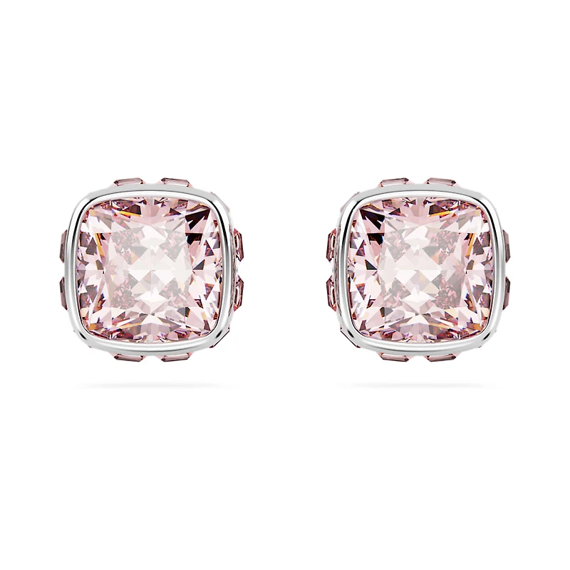 Birthstone stud earrings, Square cut, June, Pink, Rhodium plated by SWAROVSKI