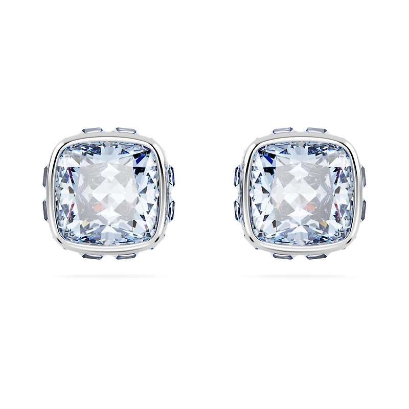 Birthstone stud earrings, Square cut, March, Blue, Rhodium plated by SWAROVSKI