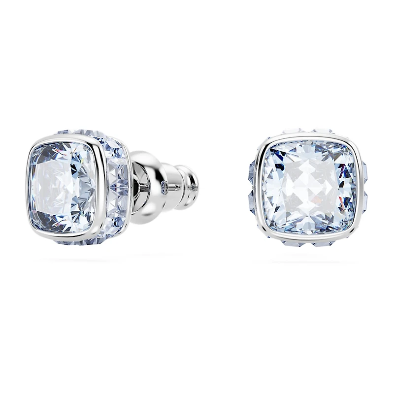 Birthstone stud earrings, Square cut, March, Blue, Rhodium plated by SWAROVSKI