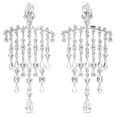 Mesmera clip earrings, Mixed cuts, Chandelier, White, Rhodium plated by SWAROVSKI