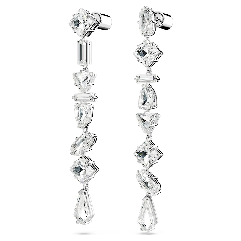Mesmera drop earrings, Asymmetrical design, Mixed cuts, Long, White, Rhodium plated by SWAROVSKI