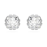 Birthstone stud earrings, Square cut, April, White, Rhodium plated by SWAROVSKI