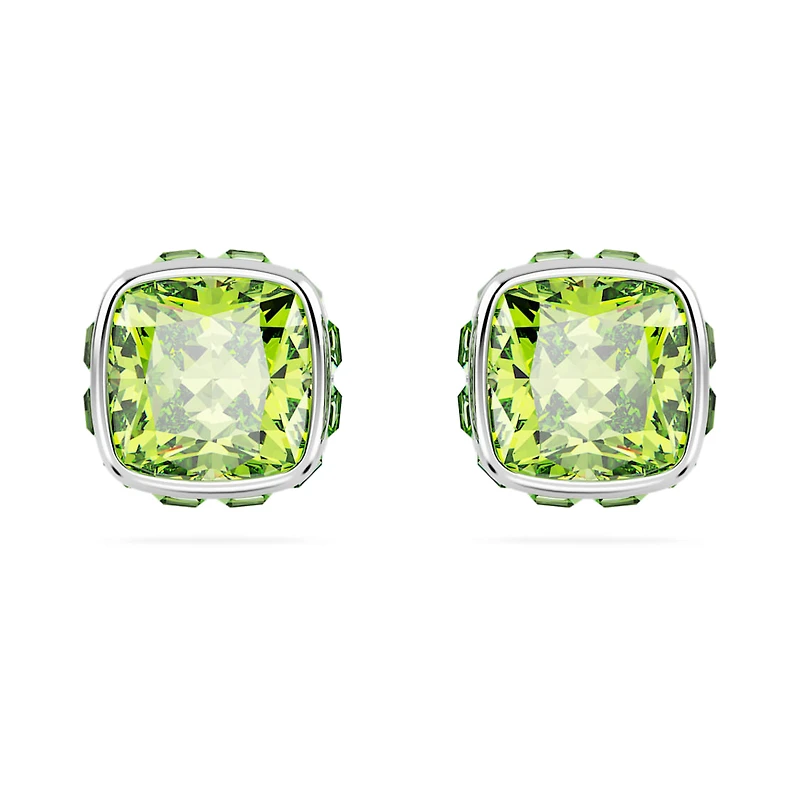 Birthstone stud earrings, Square cut, August, Green, Rhodium plated by SWAROVSKI
