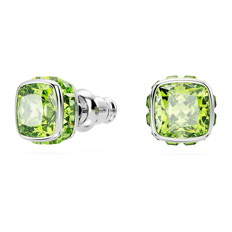 Birthstone stud earrings, Square cut, August, Green, Rhodium plated by SWAROVSKI