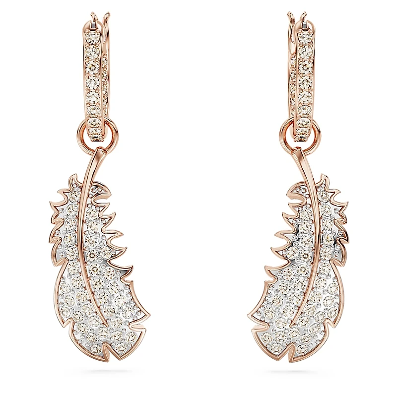 Nice drop earrings, Feather, White, Rose gold-tone plated by SWAROVSKI