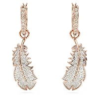 Nice drop earrings, Feather, White, Rose gold-tone plated by SWAROVSKI